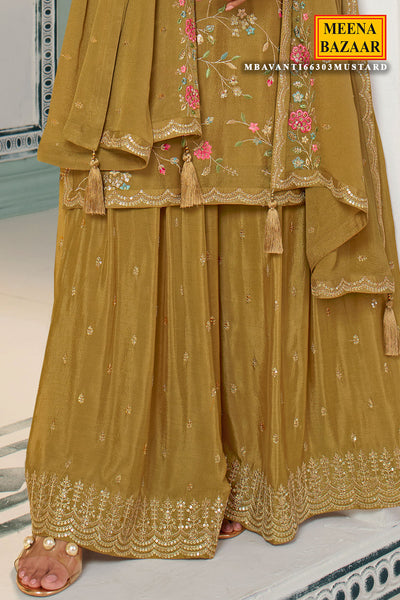 Mustard Blended Silk Floral Threadwork Sequins and Zari Embroidered Sharara Suit Set