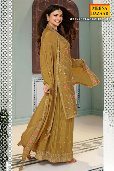 Mustard Blended Silk Floral Threadwork Sequins and Zari Embroidered Sharara Suit Set