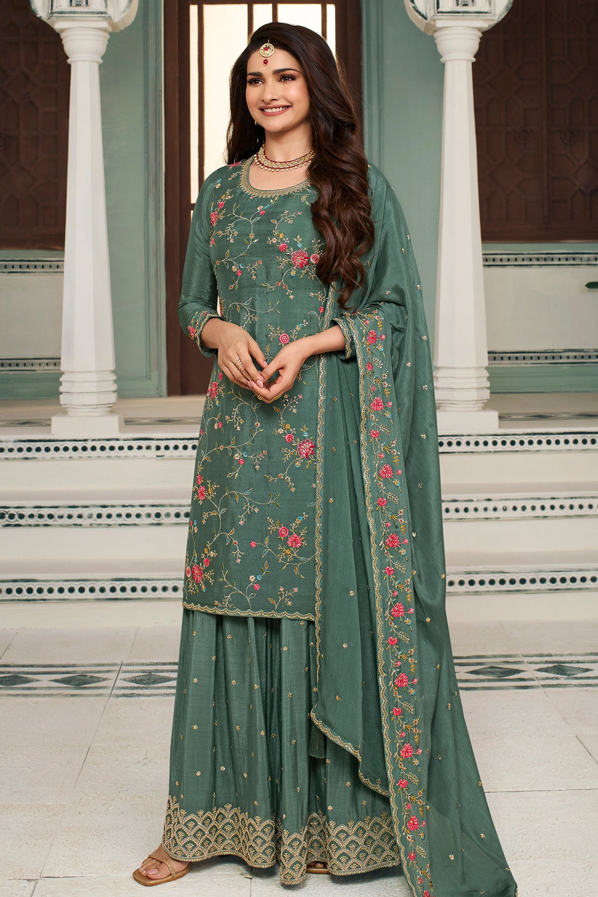 Sea Green Blended Silk Floral Threadwork Sequins and Zari Embroidered Sharara Suit Set
