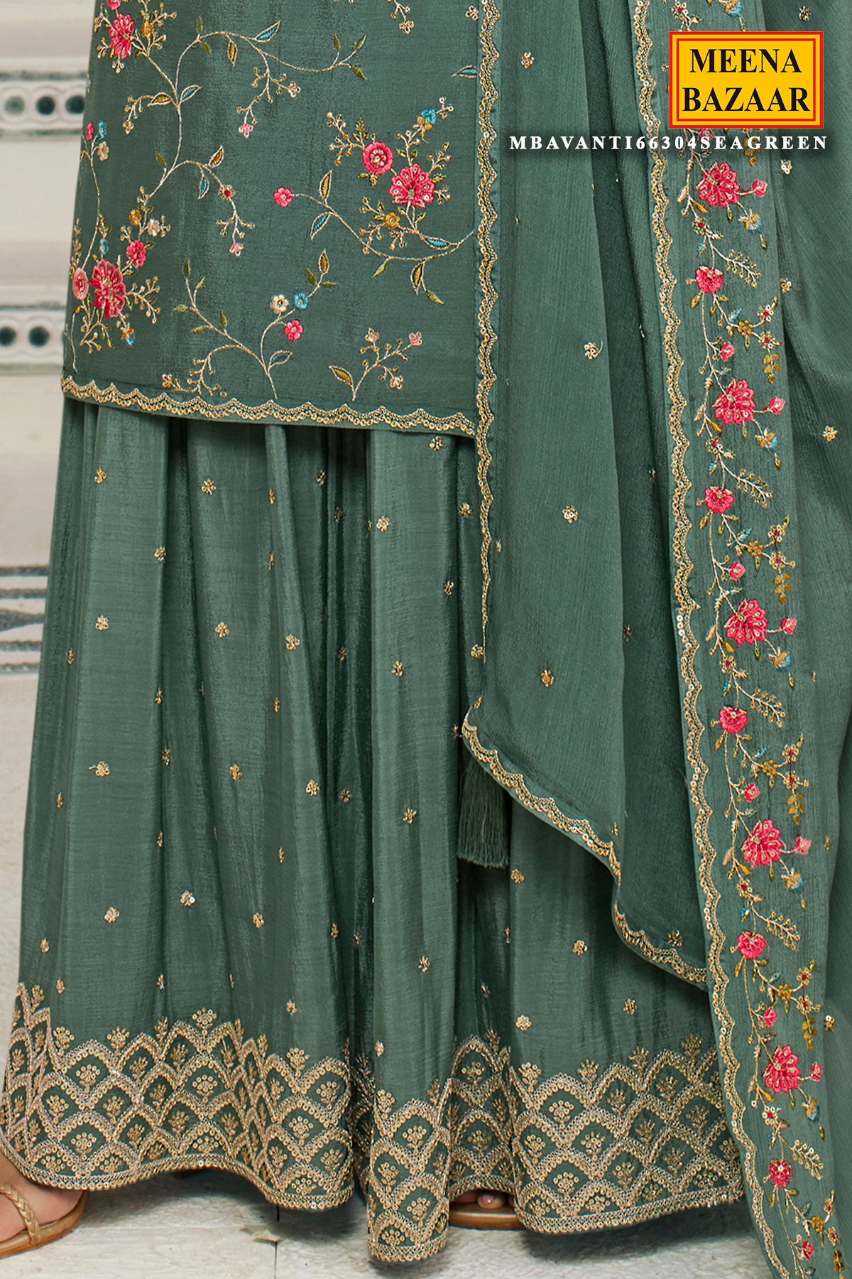 Sea Green Blended Silk Floral Threadwork Sequins and Zari Embroidered Sharara Suit Set