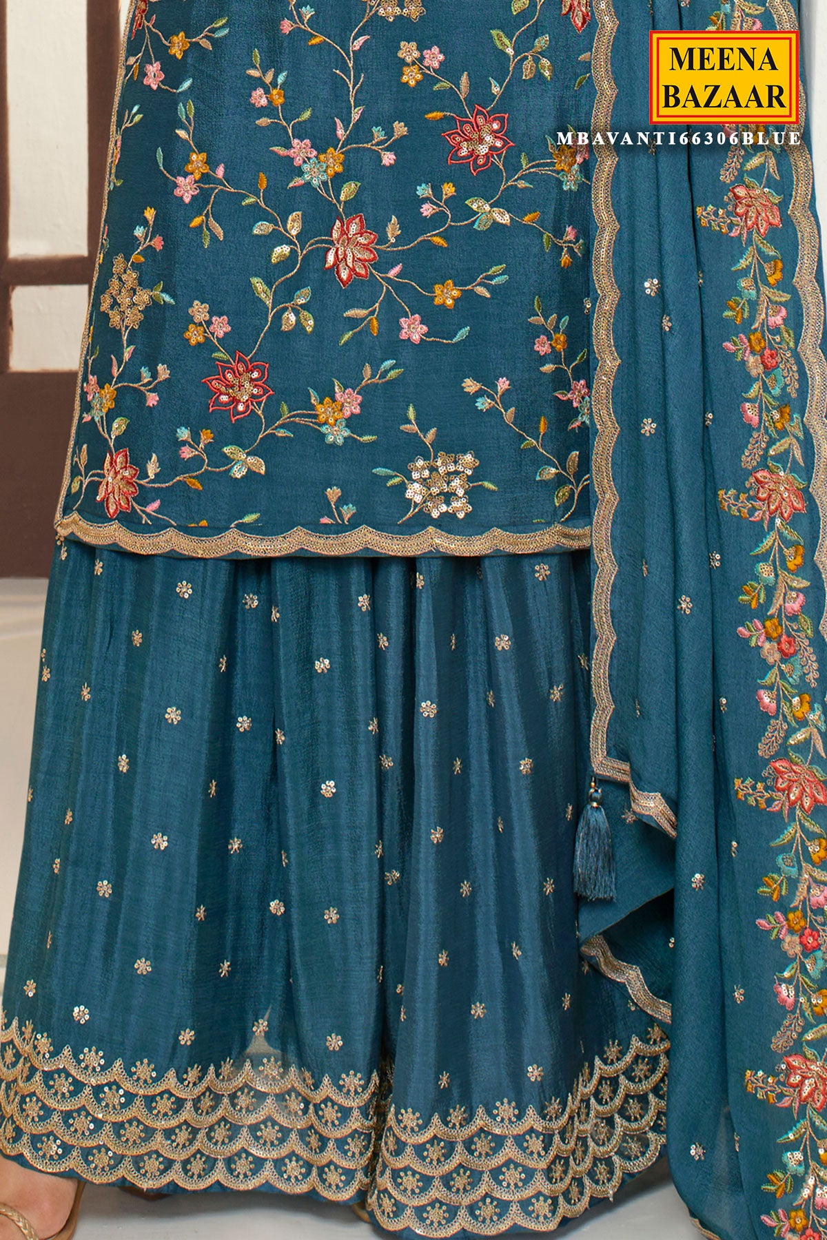 Blue Blended Silk Floral Threadwork Sequins and Zari Embroidered Sharara Suit Set