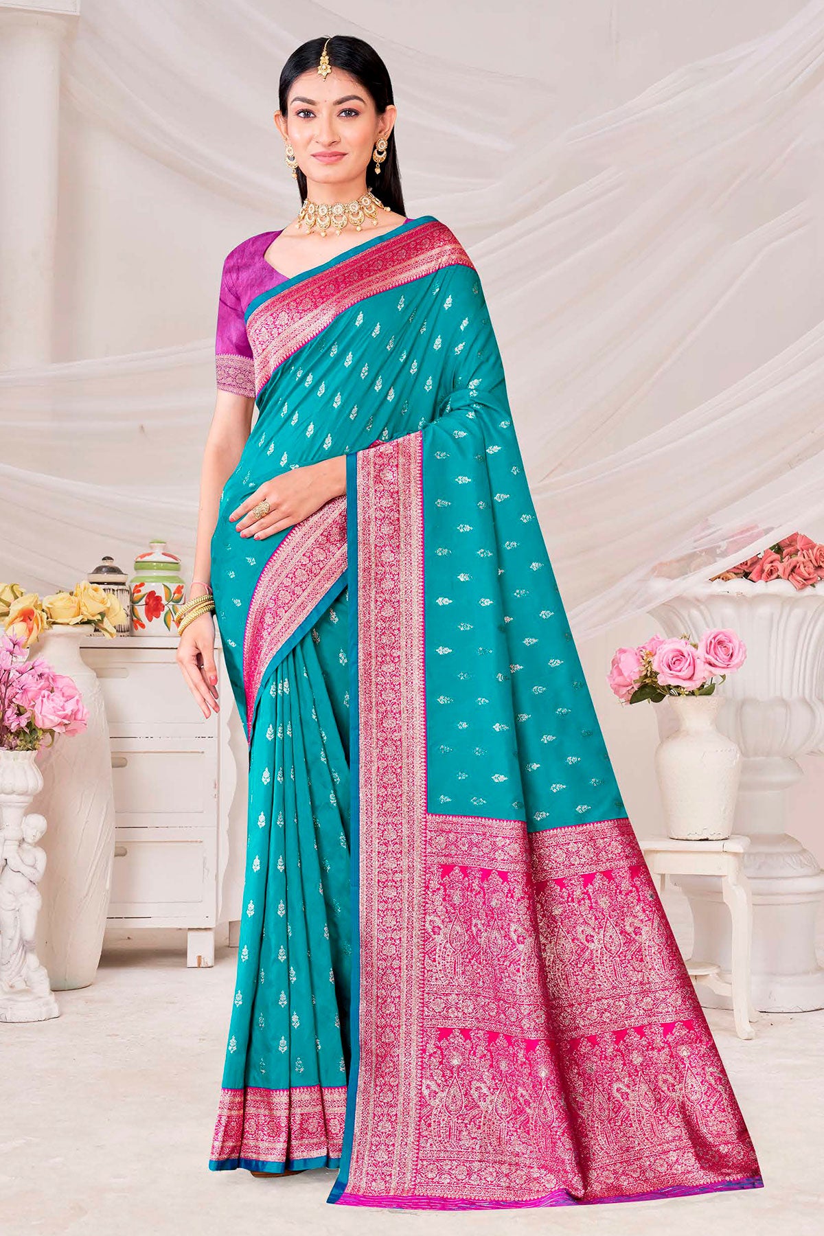 Firozi Silk Zari Woven Saree
