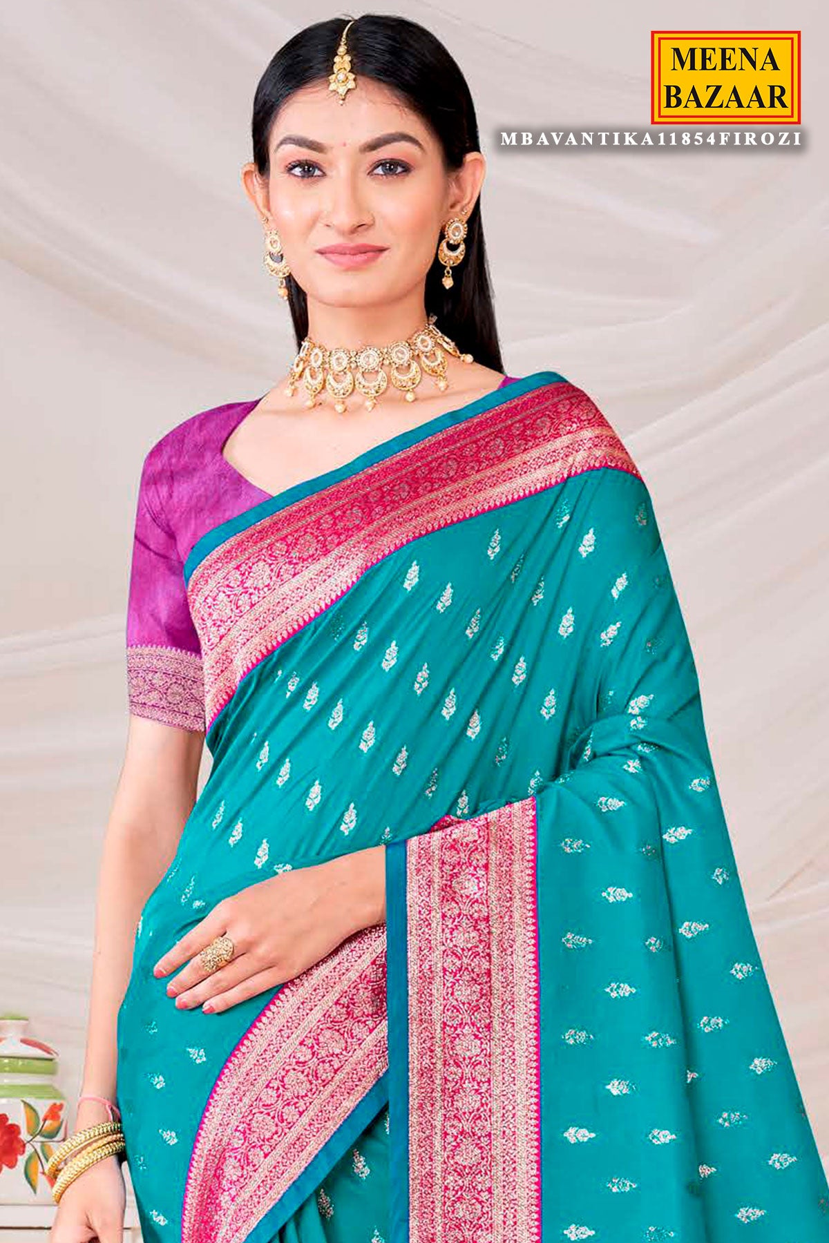 Firozi Silk Zari Woven Saree