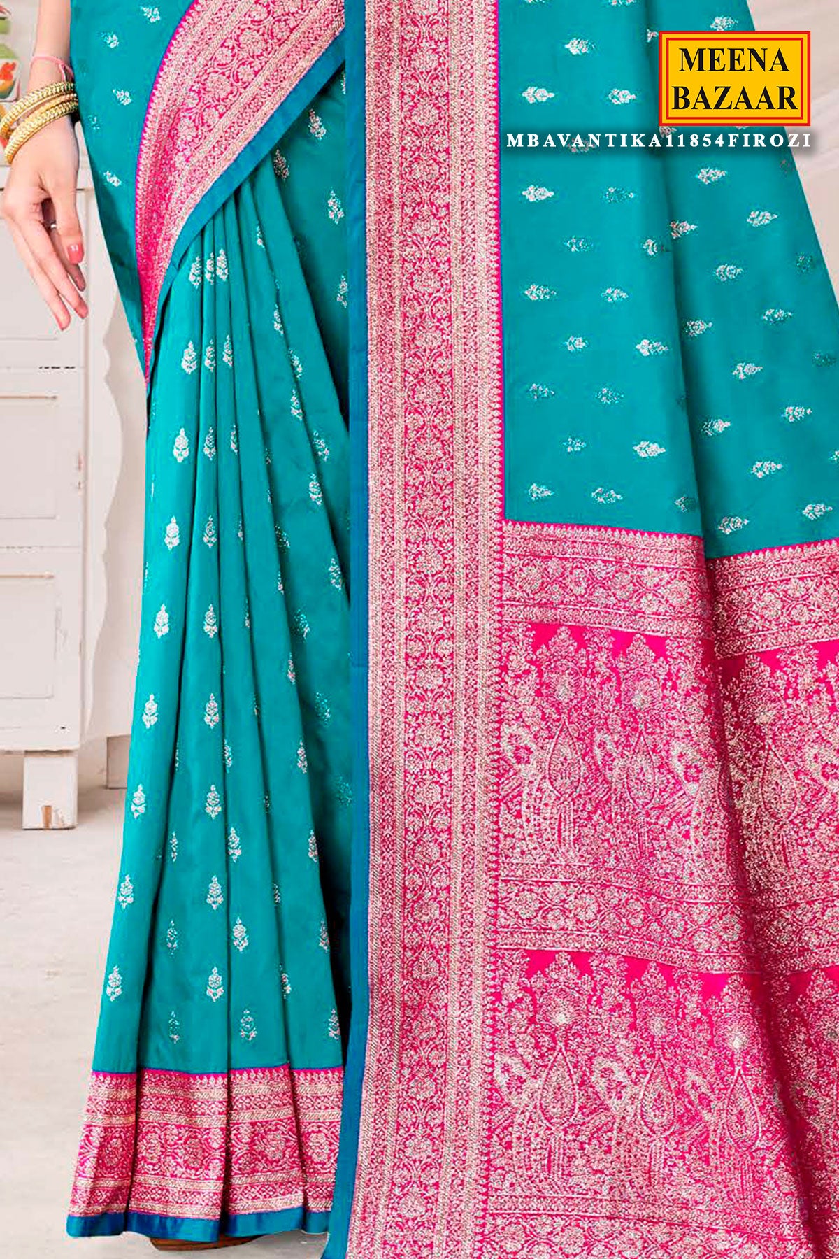 Firozi Silk Zari Woven Saree