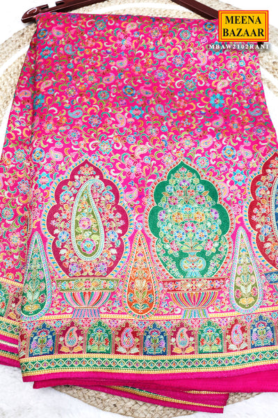 Colorful patterned fabric with intricate designs on a pink background, branded 'Meena Bazaar'.