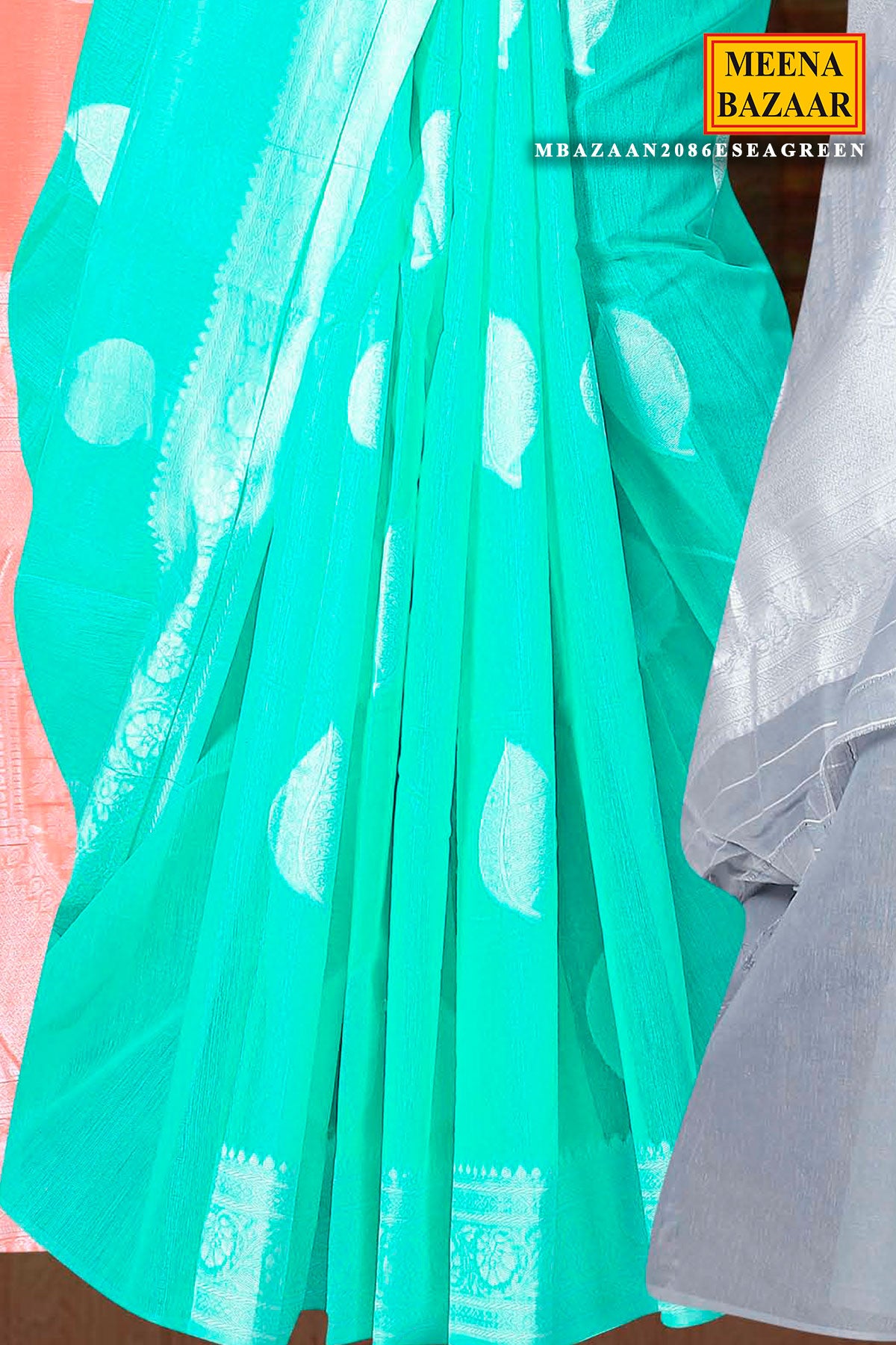 Sea Green Cotton Floral and Leafy Woven Saree