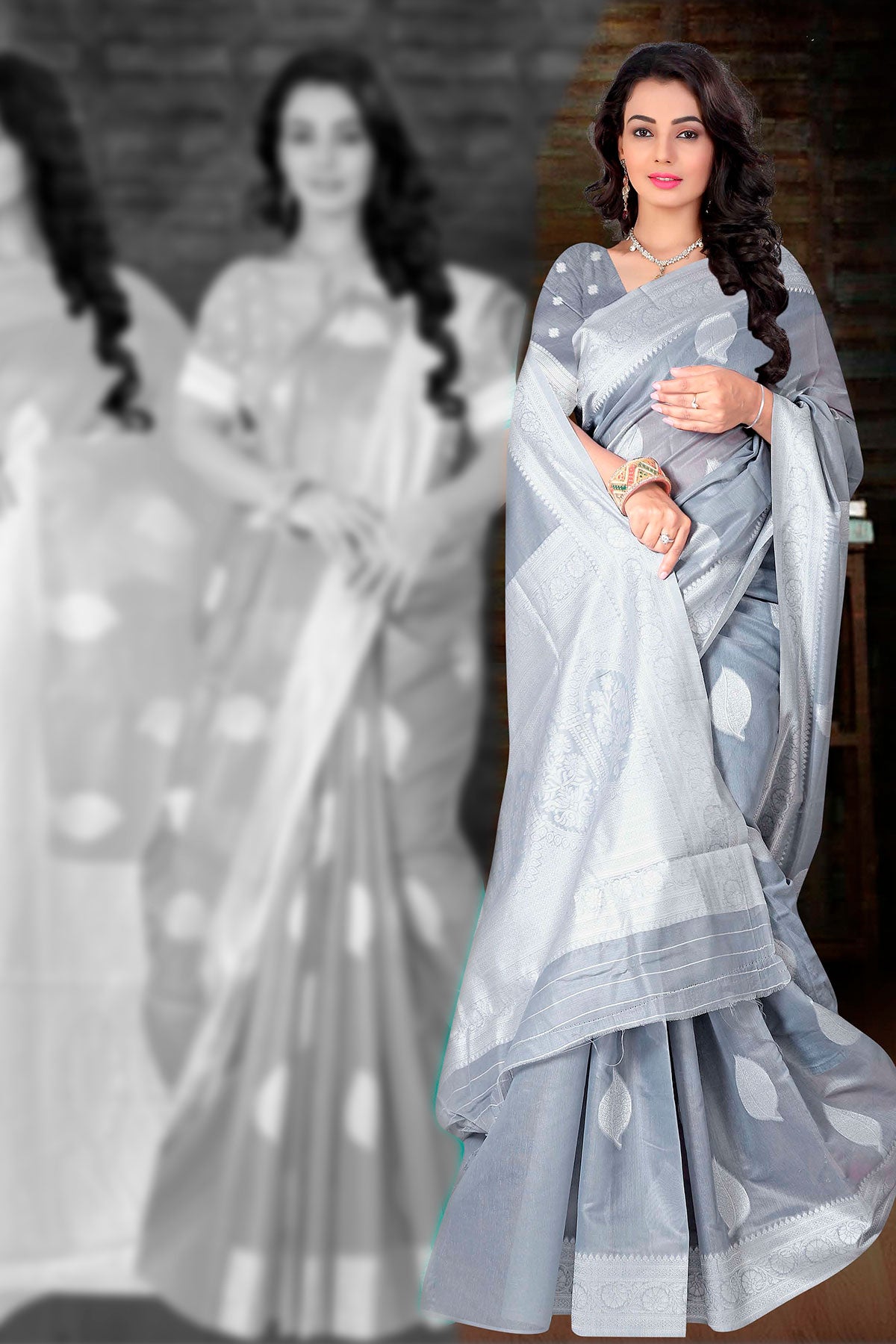 Grey Cotton Floral and Leafy Woven Saree