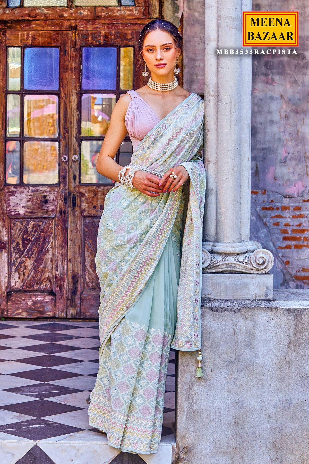Blue Banarasi Silk Floral Woven Saree – Meena Bazaar