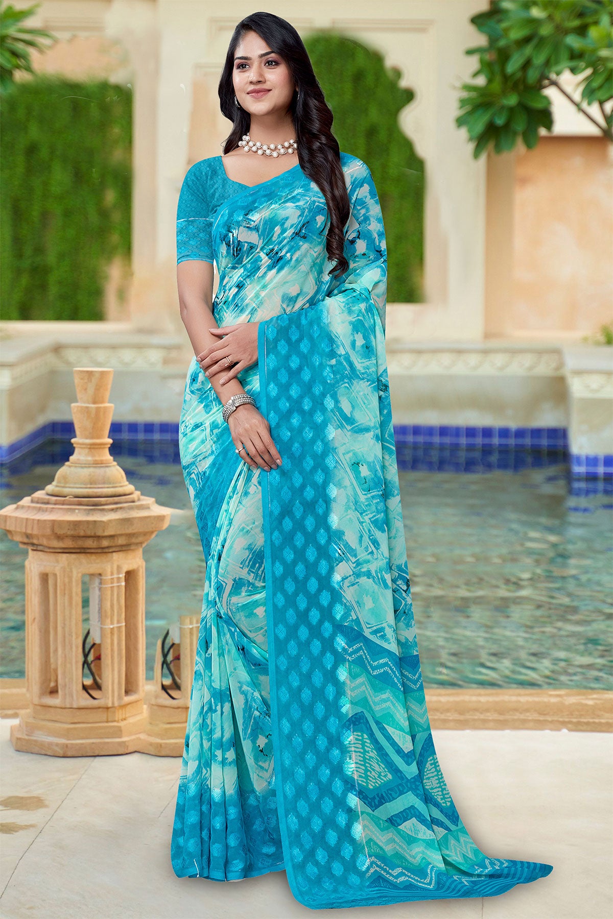 Firozi Georgette Abstract Printed Saree
