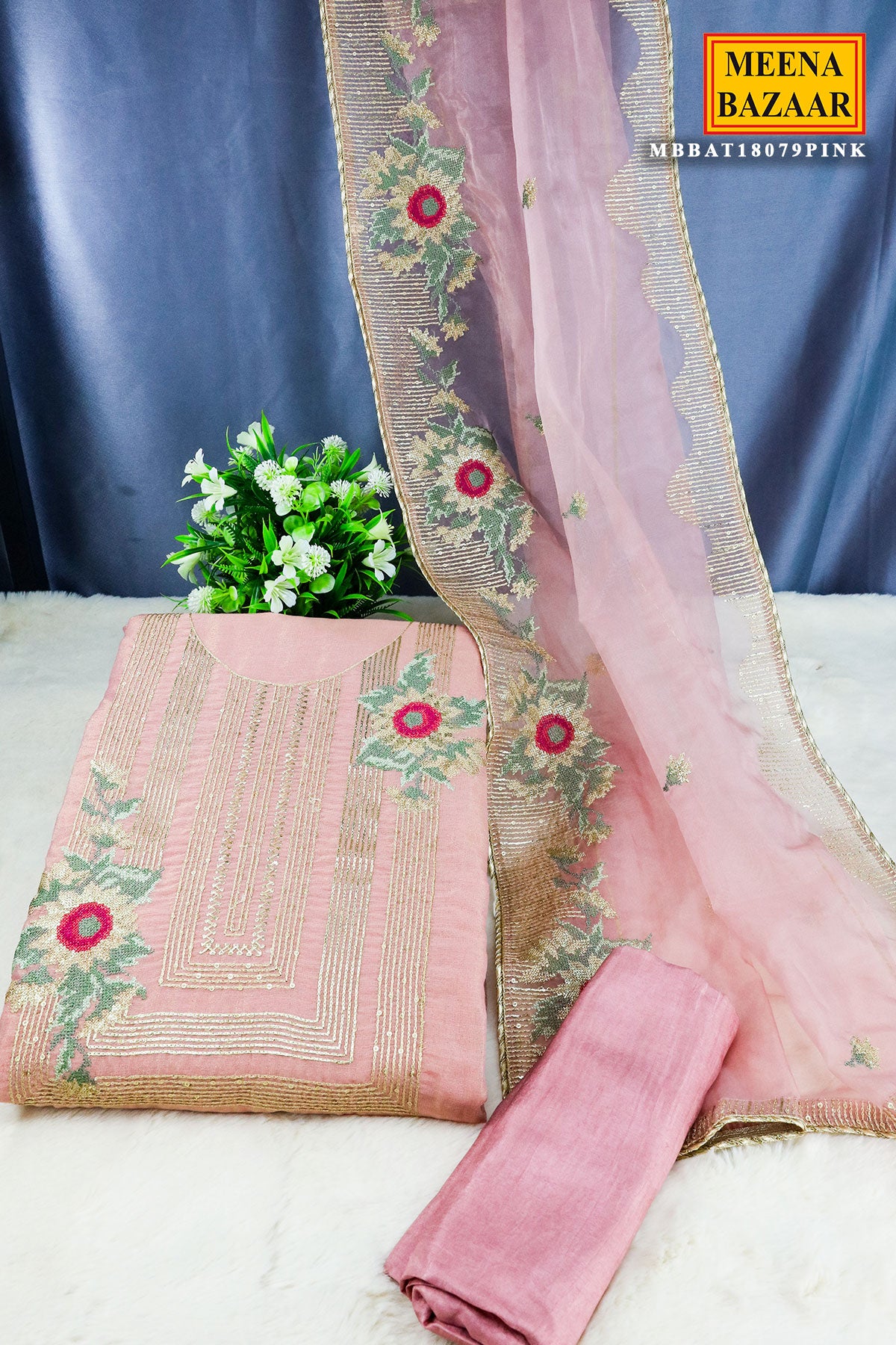 Pink Organza Aari Work Embroidered Suit