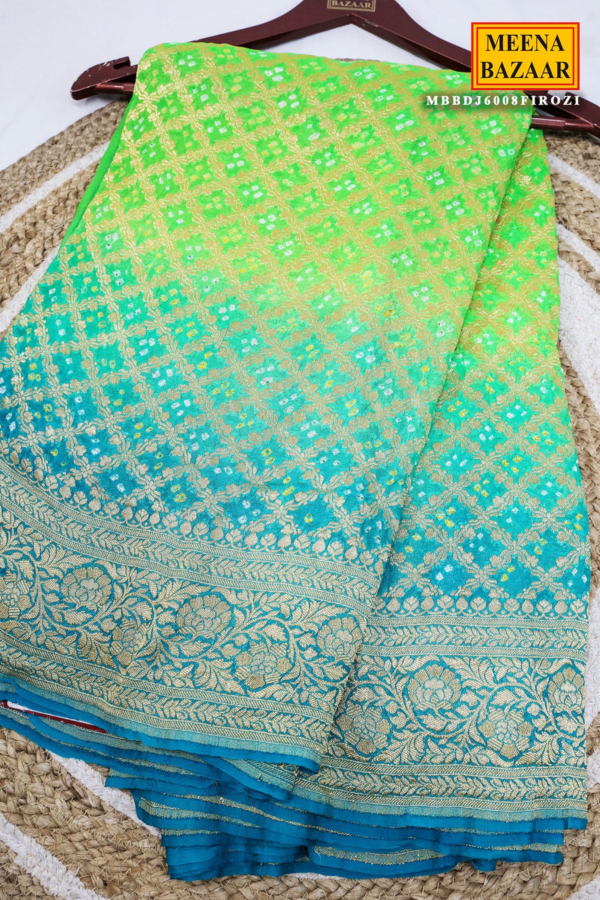 Firozi Georgette Bandhani Saree Traditional Printed Saree for Festive Wear