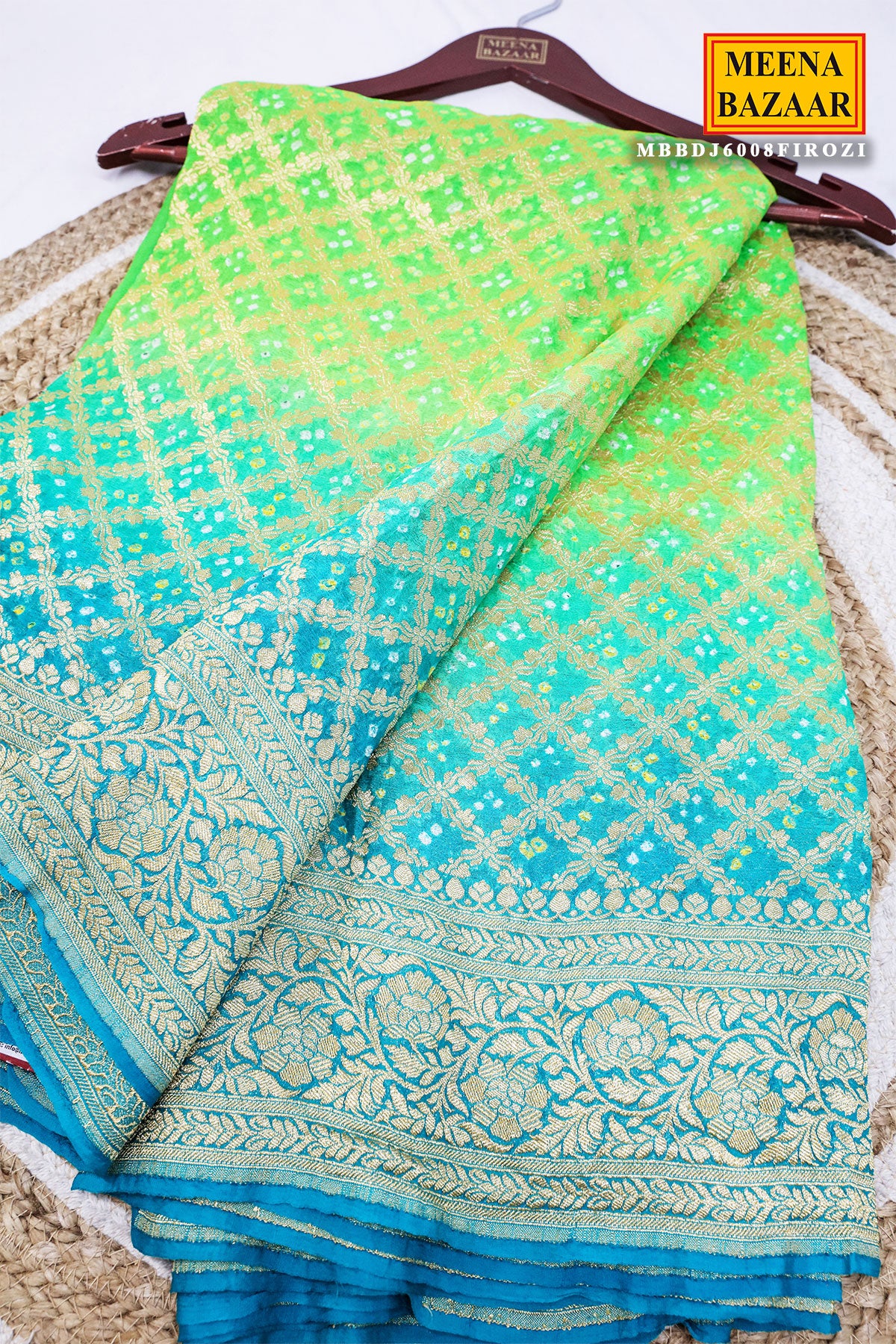 Firozi Georgette Bandhani Saree Traditional Printed Saree for Festive Wear