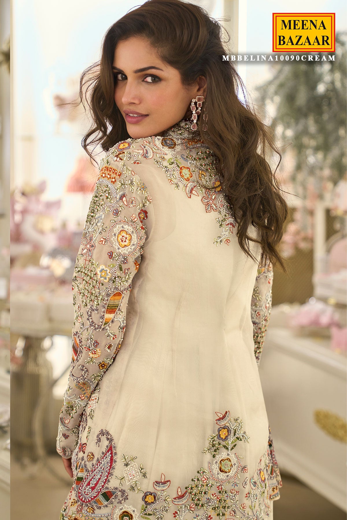 Cream Embroidered Jacket & Flared Skirt Set Indo Western Outfit