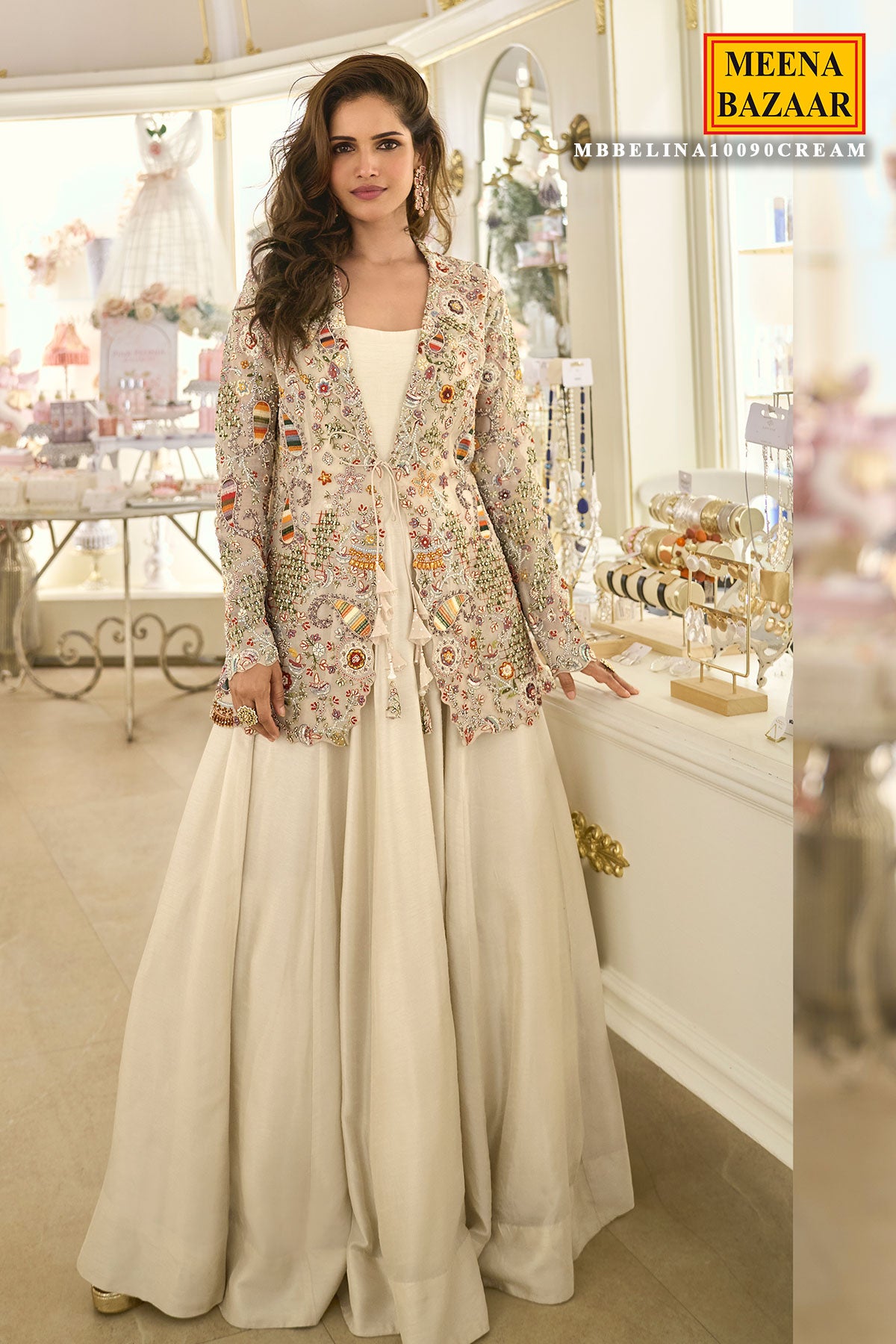 Cream Embroidered Jacket & Flared Skirt Set Indo Western Outfit