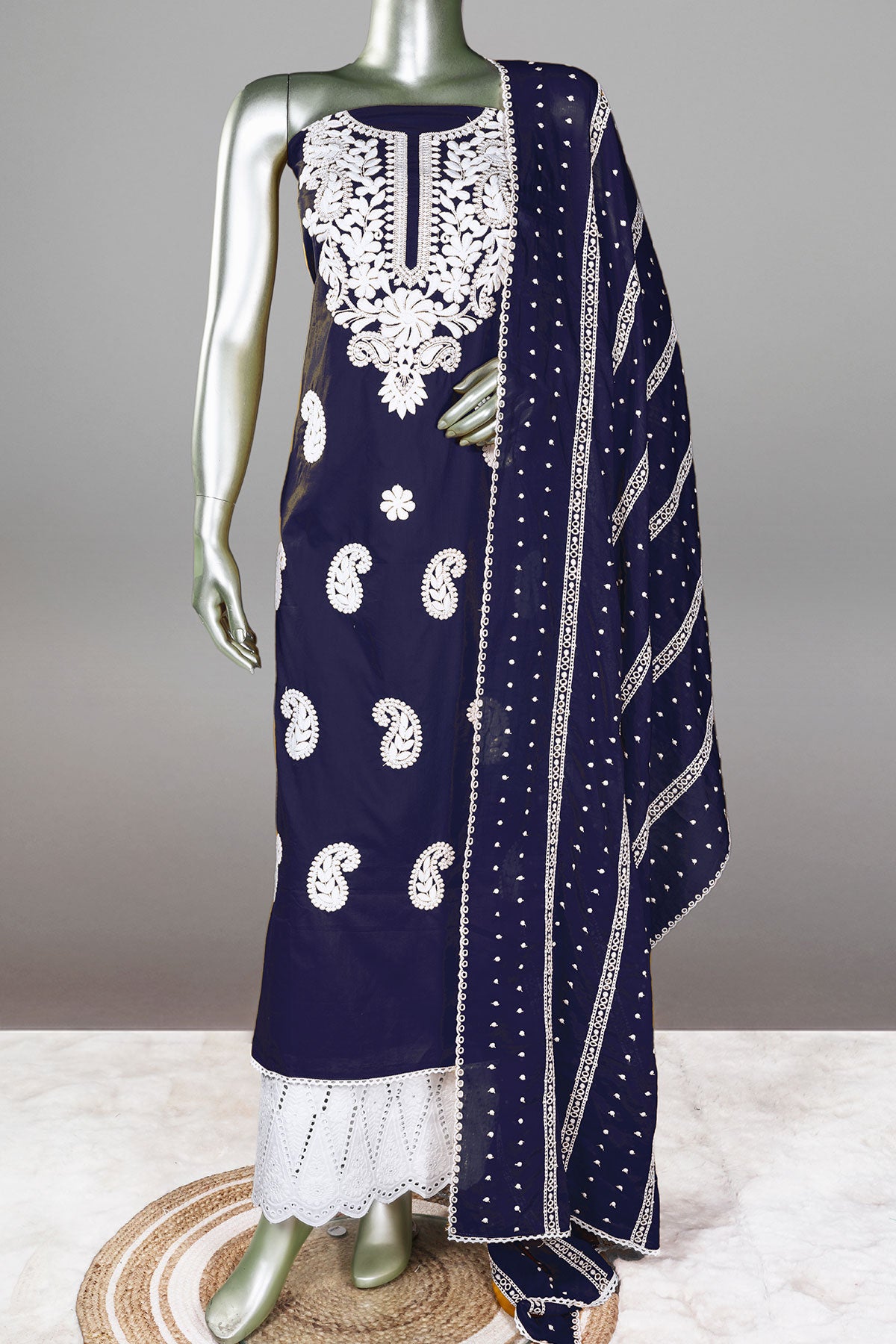 Teal Blue Cotton Thread Embroidered Unstitched Suit Set