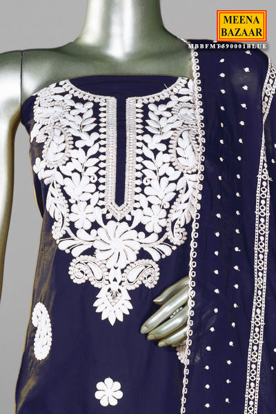 Teal Blue Cotton Thread Embroidered Unstitched Suit Set