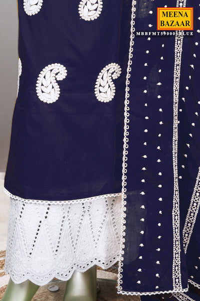 Teal Blue Cotton Thread Embroidered Unstitched Suit Set