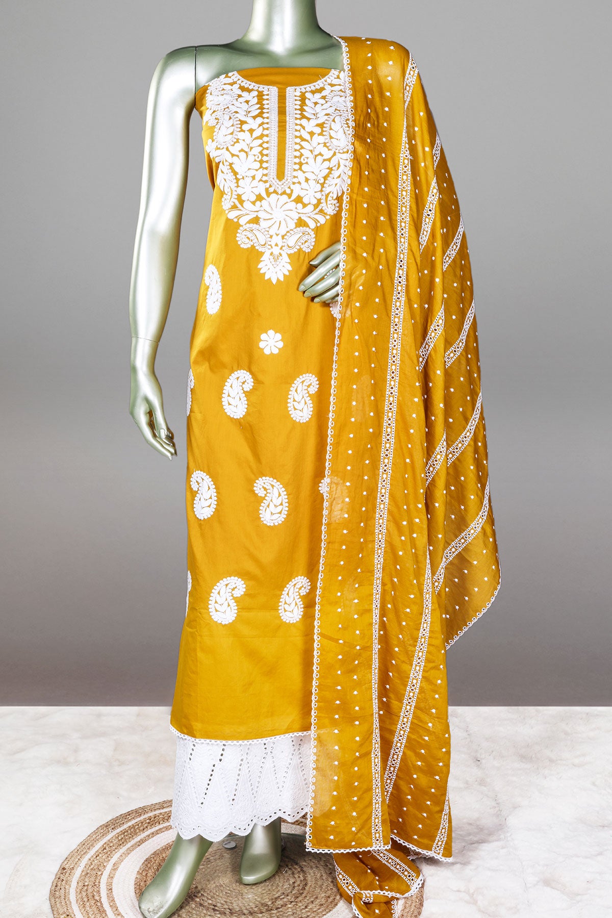 Mustard Cotton Thread Embroidered Unstitched Suit Set