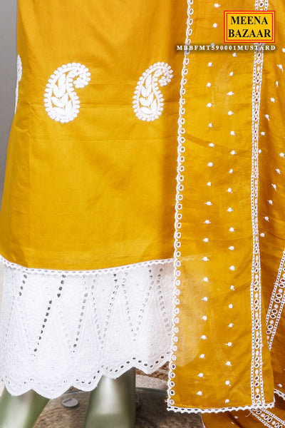 Mustard Cotton Thread Embroidered Unstitched Suit Set