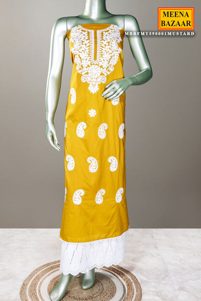 Mustard Cotton Thread Embroidered Unstitched Suit Set