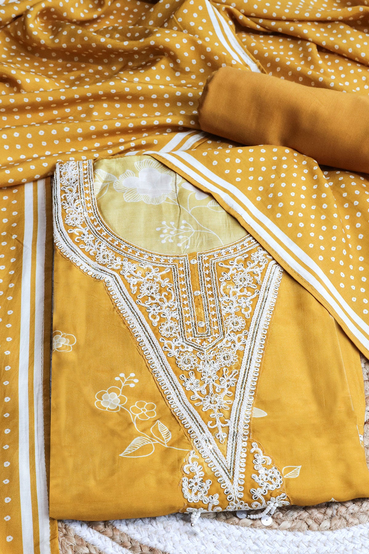 Mustard Muslin Floral Printed Sequin Embroidered Suit