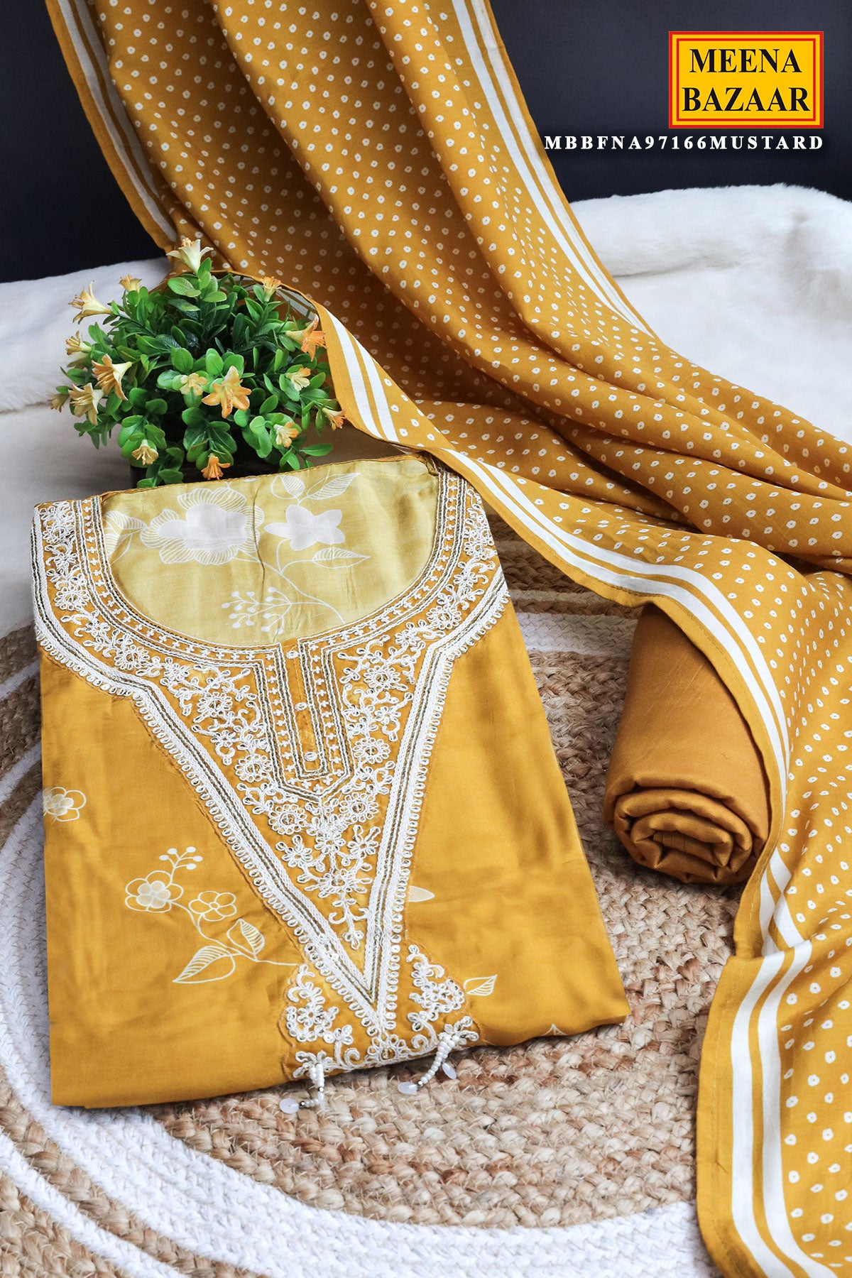 Mustard Muslin Floral Printed Sequin Embroidered Suit