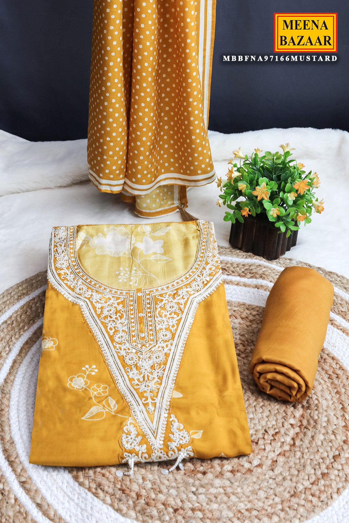 Mustard Muslin Floral Printed Sequin Embroidered Suit