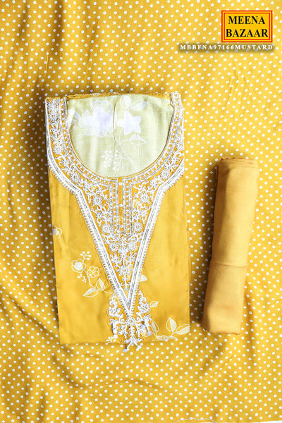 Mustard Muslin Floral Printed Sequin Embroidered Suit