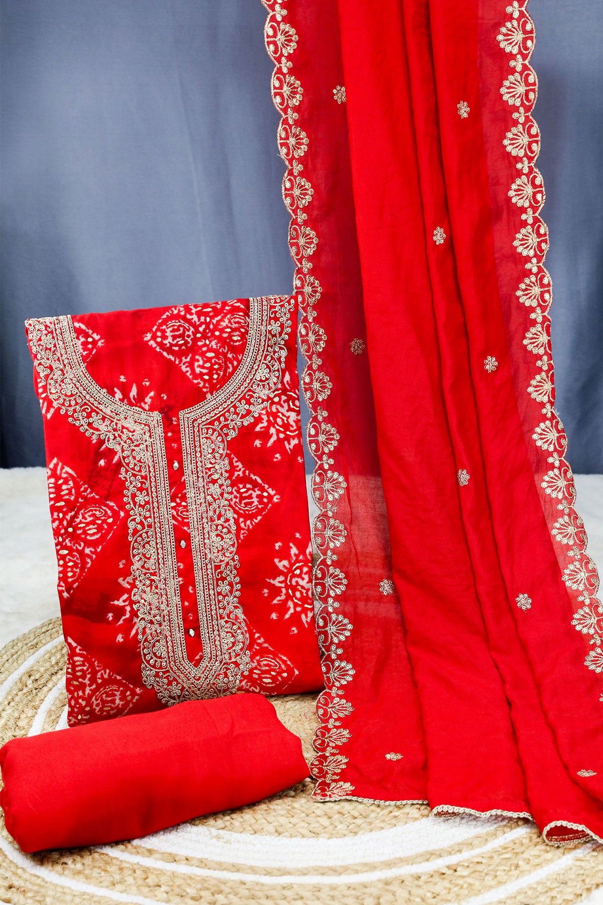 Red Muslin Neck Embroidered Suit Set