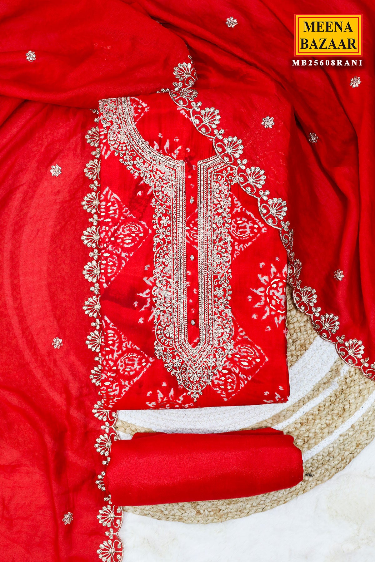 Red Muslin Neck Embroidered Suit Set