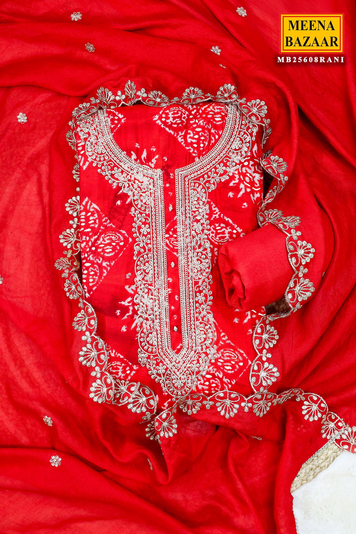 Red Muslin Neck Embroidered Suit Set