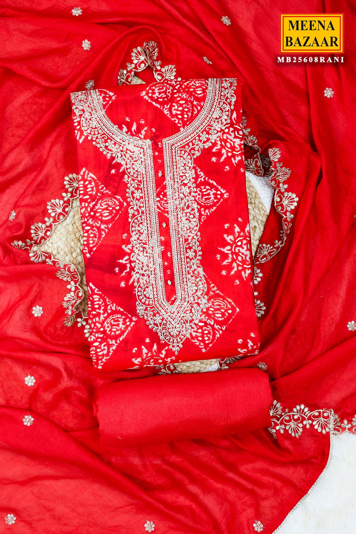 Red Muslin Neck Embroidered Suit Set