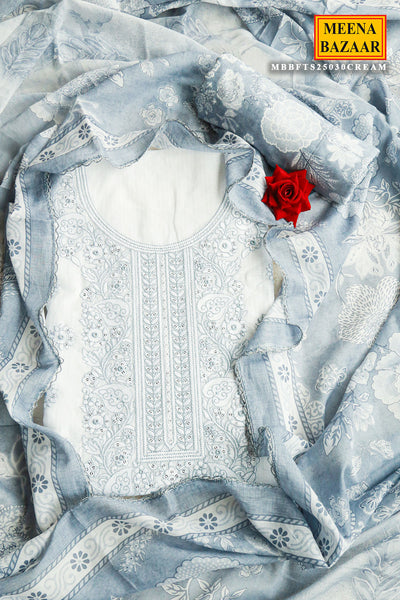 White Cotton Threadwork Embroidered Unstitched Suit