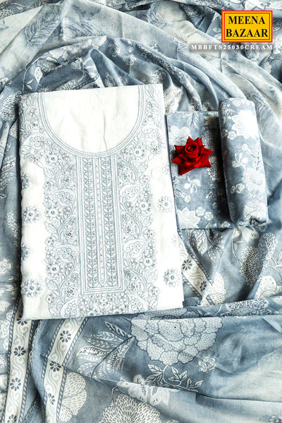 White Cotton Threadwork Embroidered Unstitched Suit