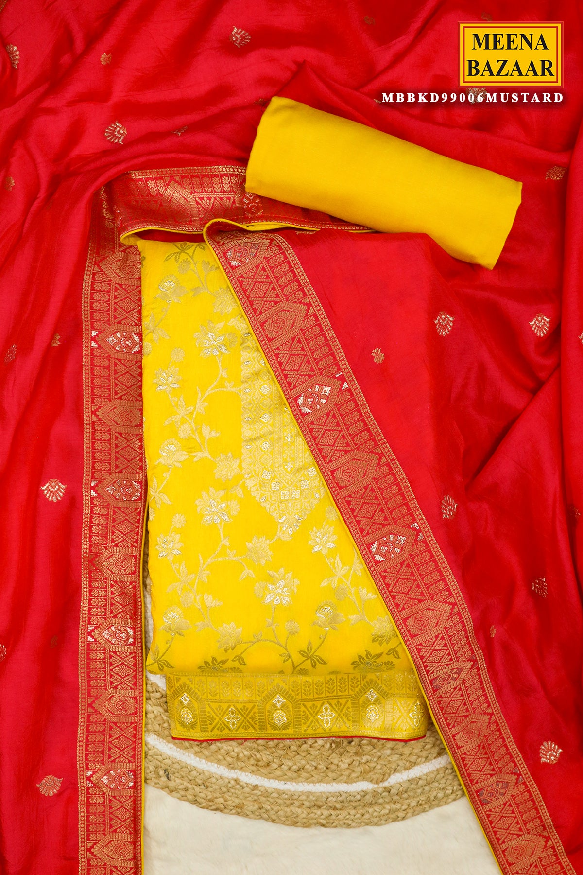 Mustard Silk Blend Floral Zari Embroidered Suit Set