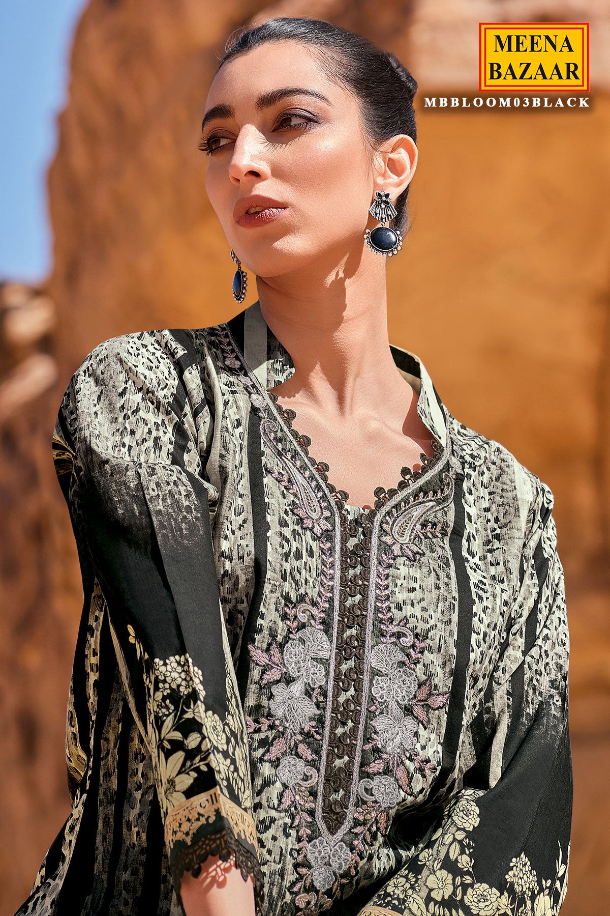 Black Cotton Lawn Lace Embroidered Printed Suit