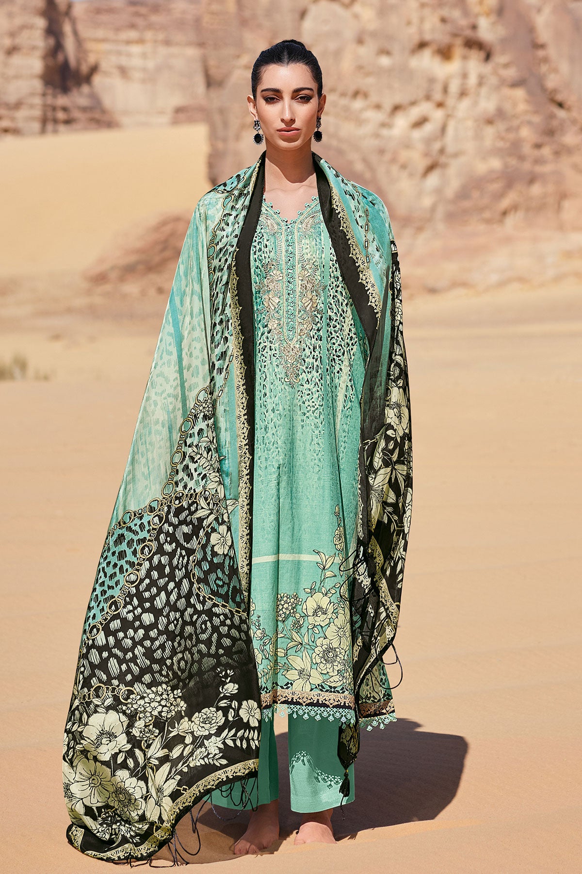 Sea Green Cotton Lawn Lace Embroidered Printed Suit