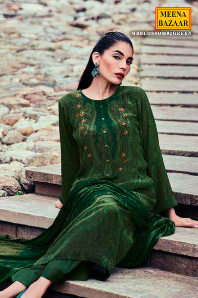 Green Digital Printed Muslin Suit Set with Dabka Embroidery