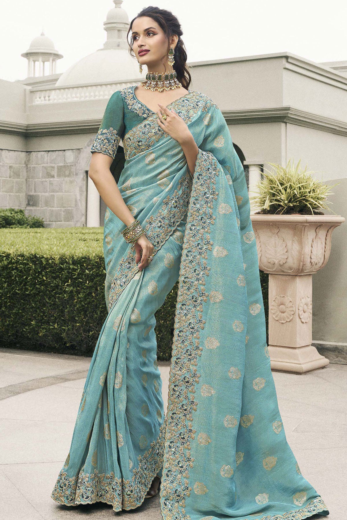 Firozi Tissue Silk Sequin Embroidered Saree