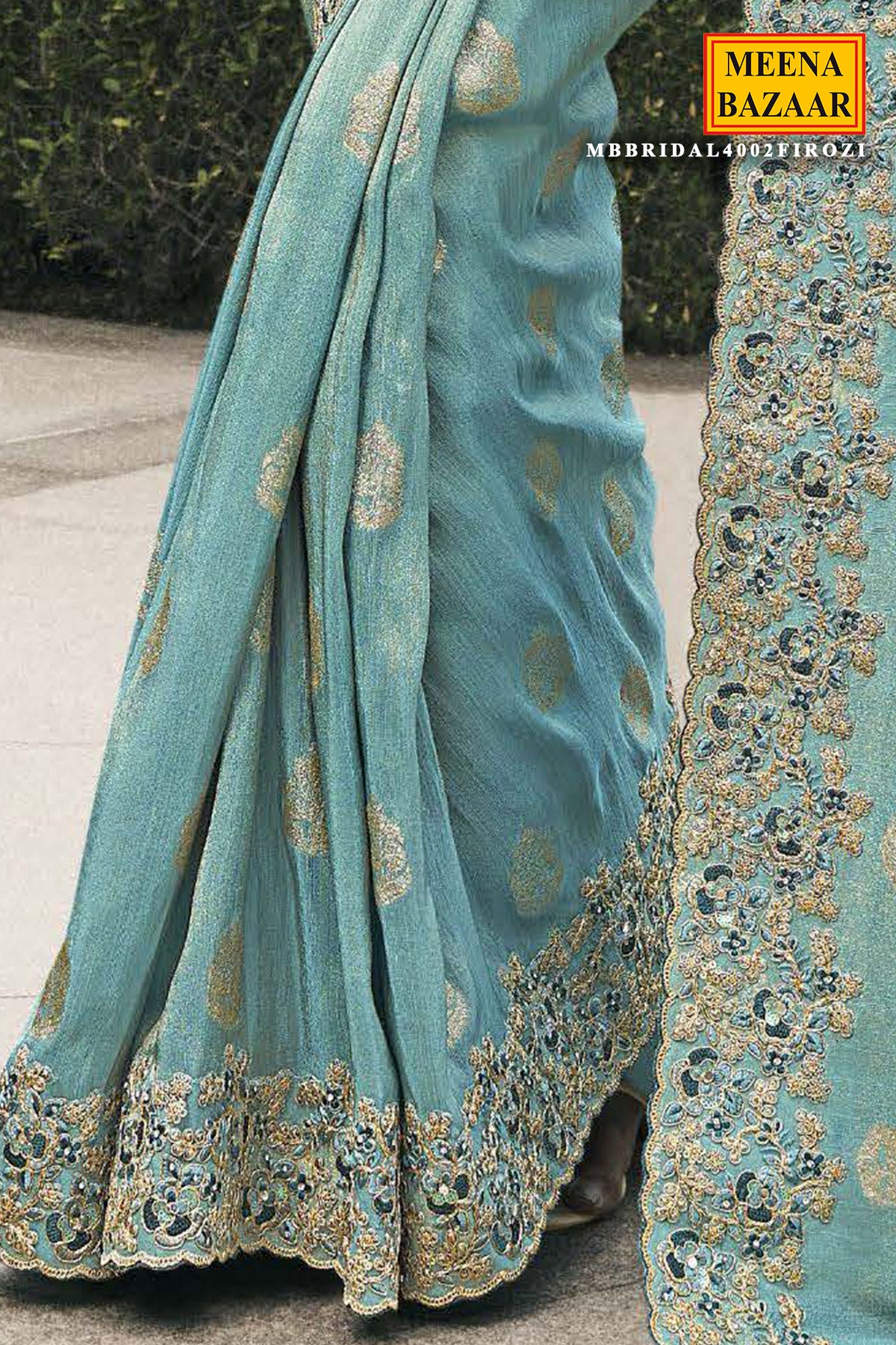 Firozi Tissue Silk Sequin Embroidered Saree