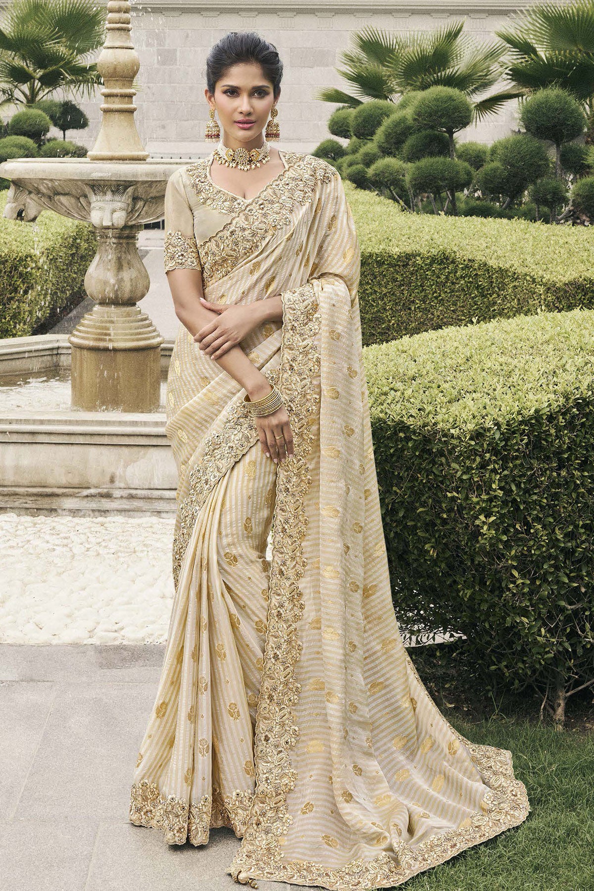 Cream Tissue Silk Sequin Embroidered Saree