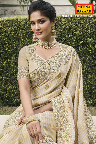 Cream Tissue Silk Sequin Embroidered Saree