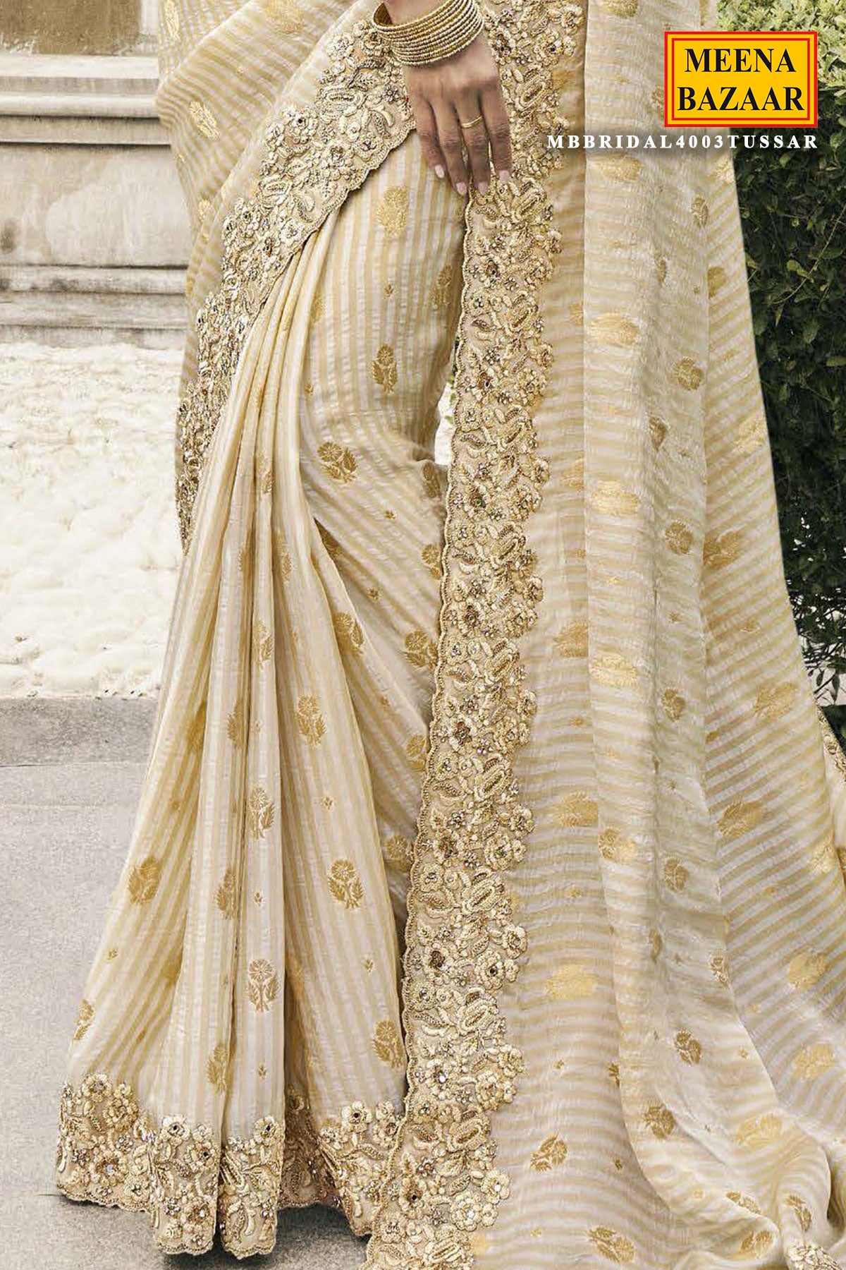 Cream Tissue Silk Sequin Embroidered Saree