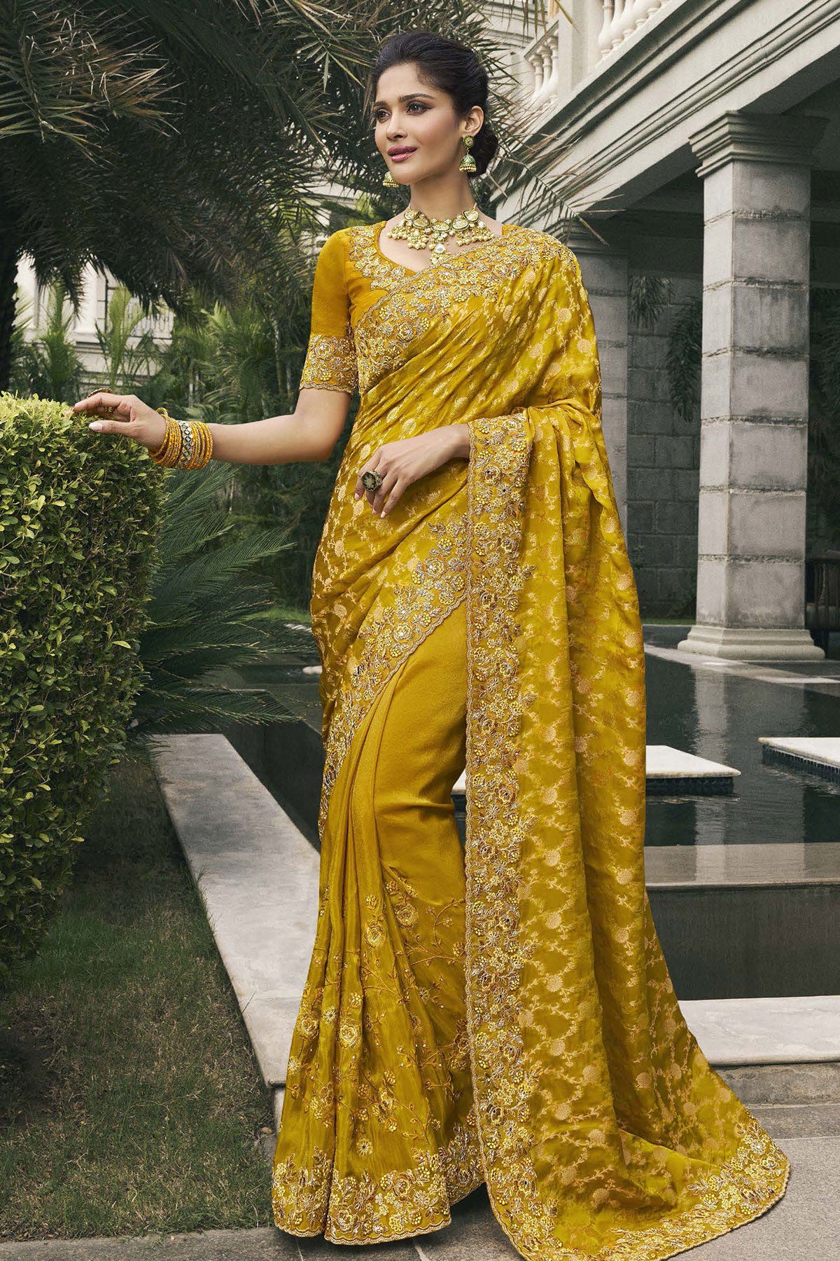 Mustard Tissue Silk Embroidered Saree