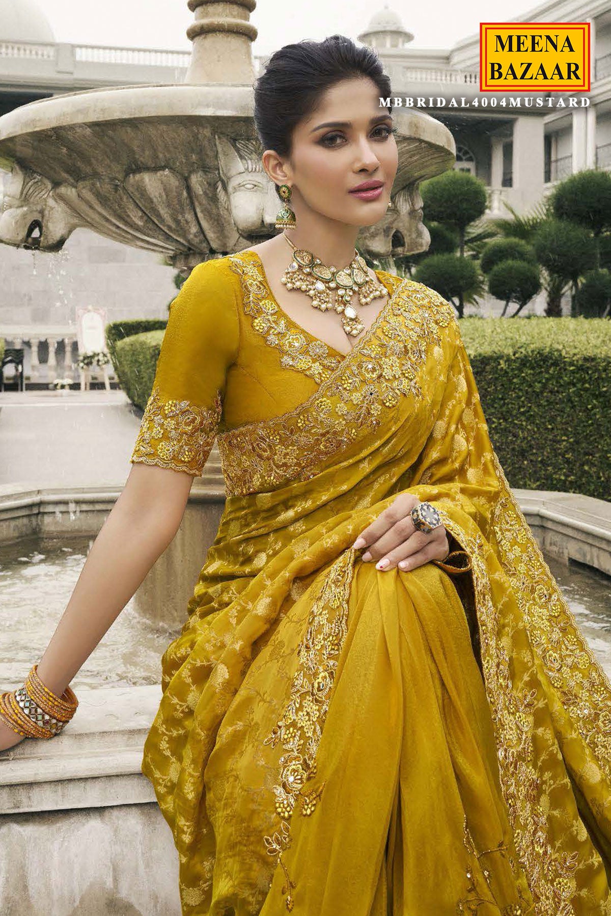 Mustard Tissue Silk Embroidered Saree