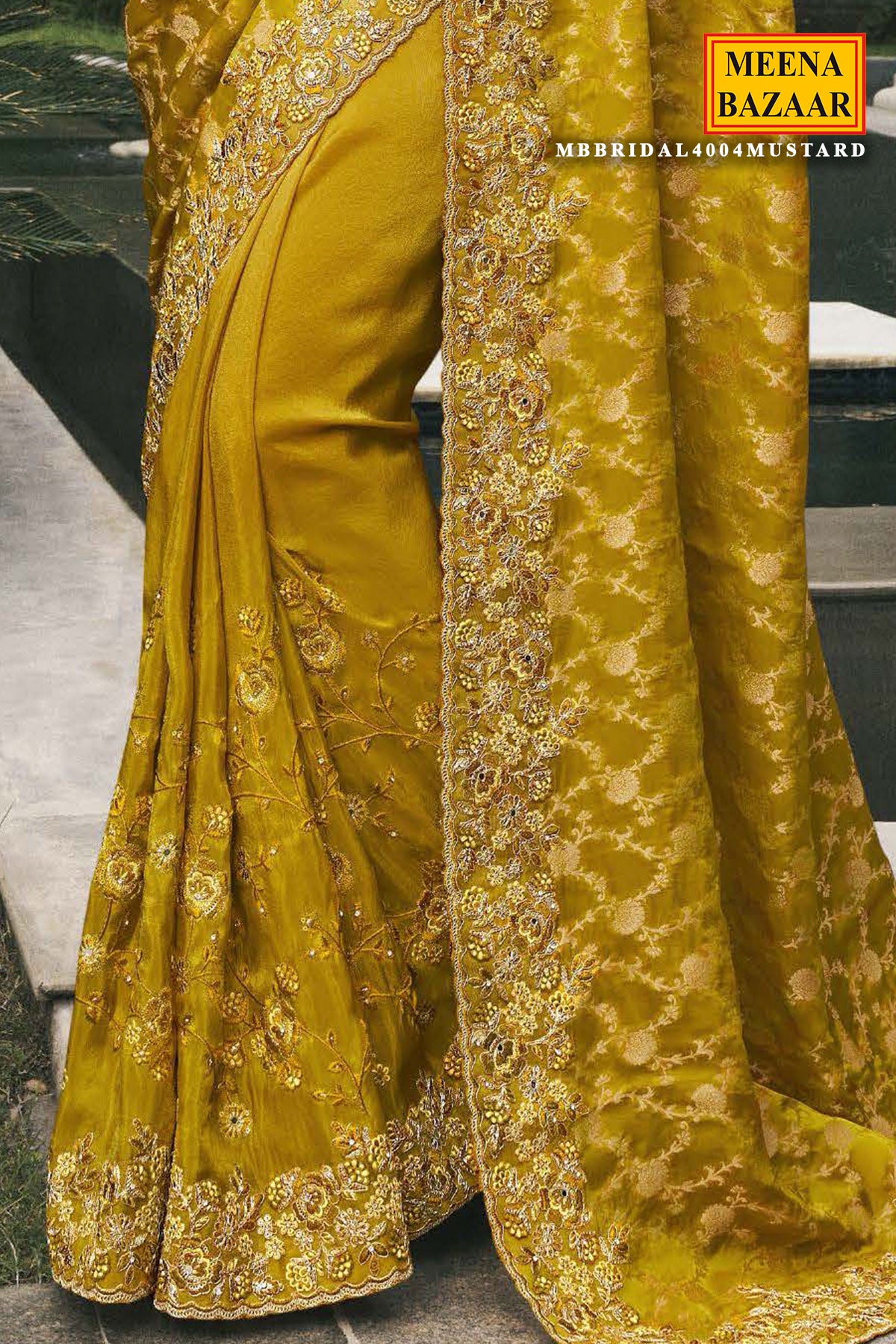 Mustard Tissue Silk Embroidered Saree