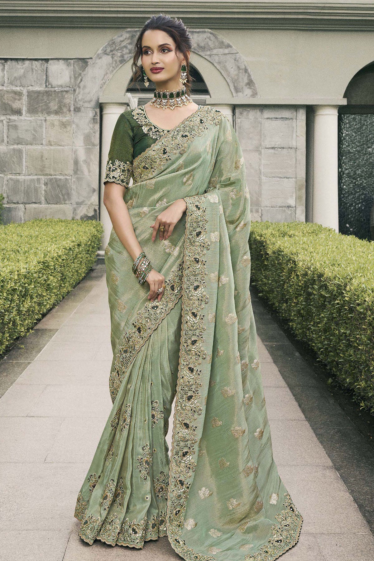 Sea Green Tissue Silk Embroidered Saree