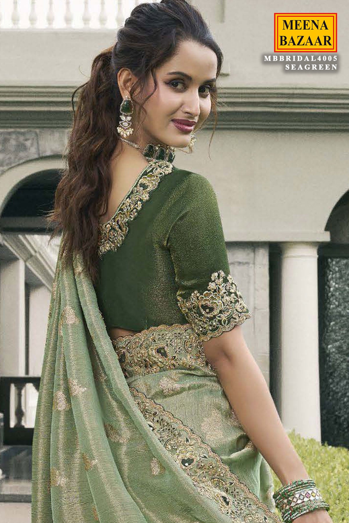 Sea Green Tissue Silk Embroidered Saree