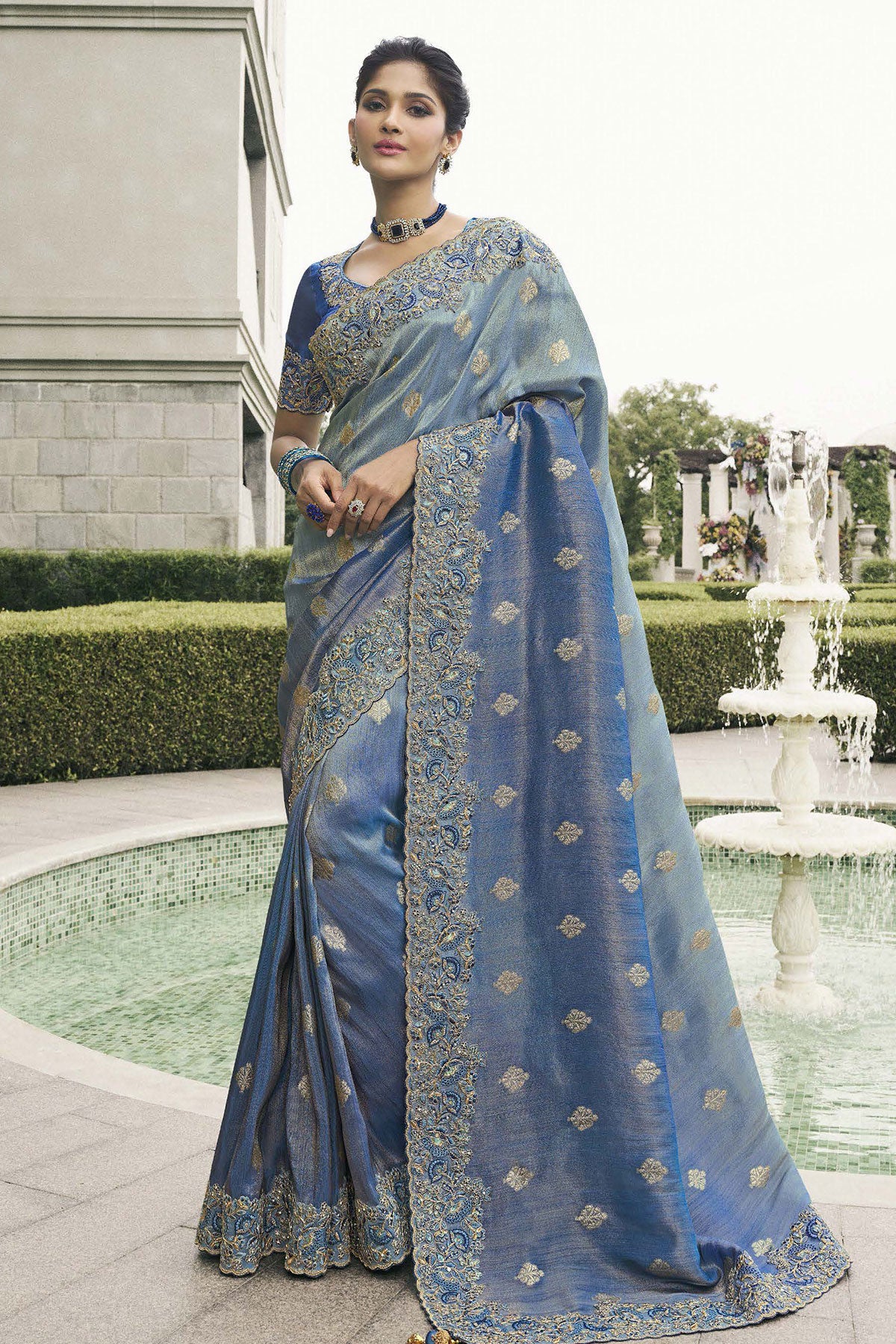 Blue Tissue Silk Embroidered Saree