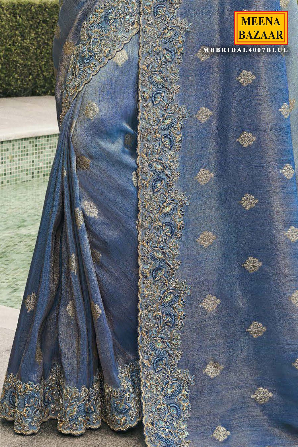 Blue Tissue Silk Embroidered Saree